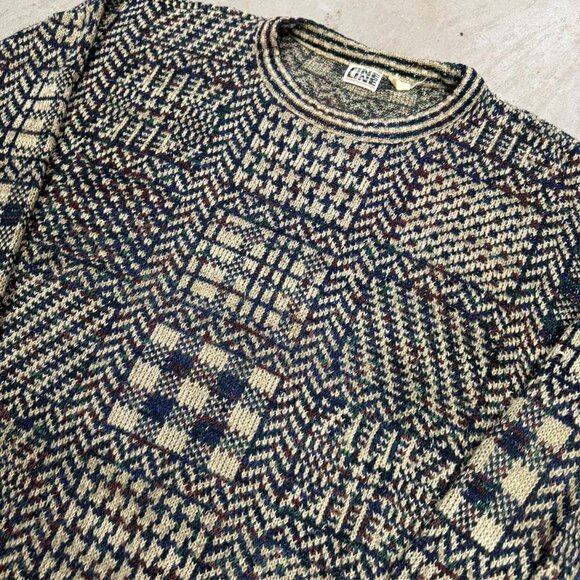 Vintage 90s Fine Line Patchwork Pattern Knit Sweater Geometric XXL - Picture 3 of 9